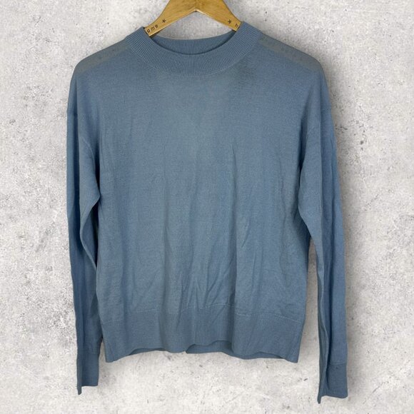NEW Nordstrom Cross Back Wool Sweater Light Blue Fog Size Medium Open Back Top M - Picture 2 of 8